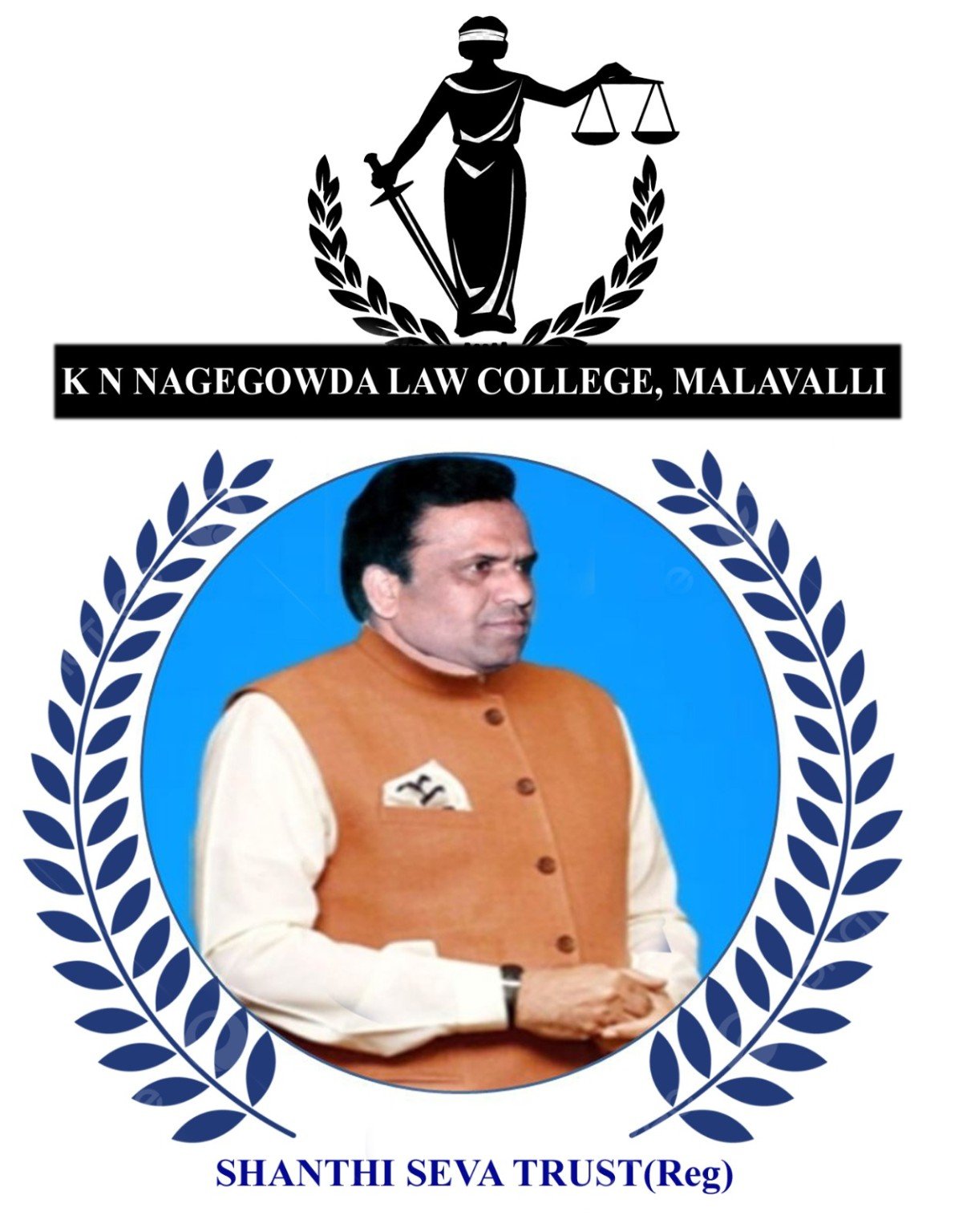 Supplied institutional artwork featuring Lady Justice, a portrait and Shanthi Seva Trust (Reg.)